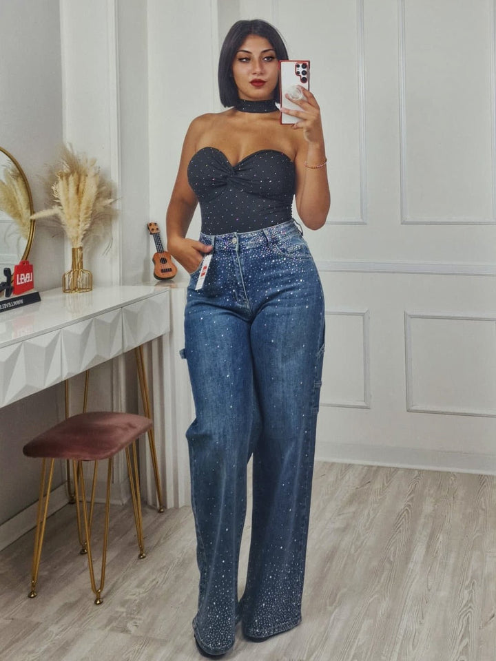 Jeans modello palazzo strass avanti e dietro Jeans chiaro Level Stores