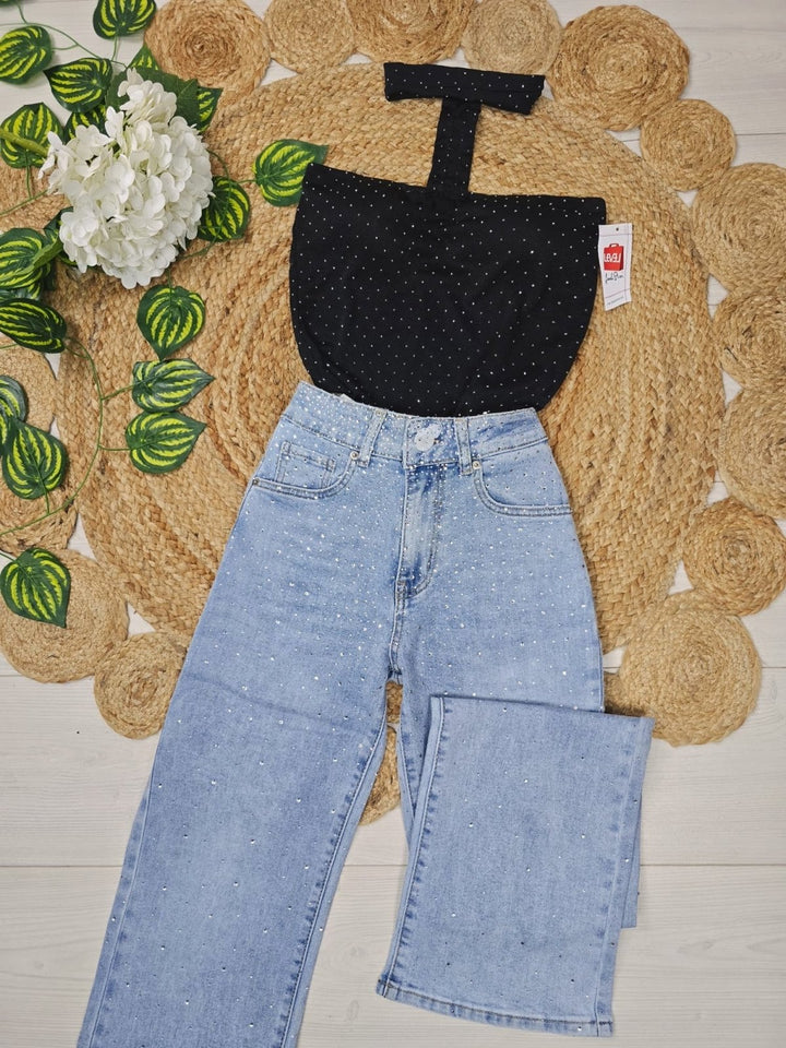 Jeans modello palazzo strass avanti e dietro - Jeans chiaro - Level Stores