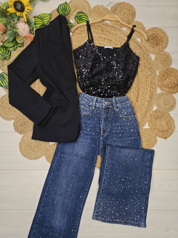 Jeans modello palazzo strass avanti e dietro Jeans scuro Level Stores