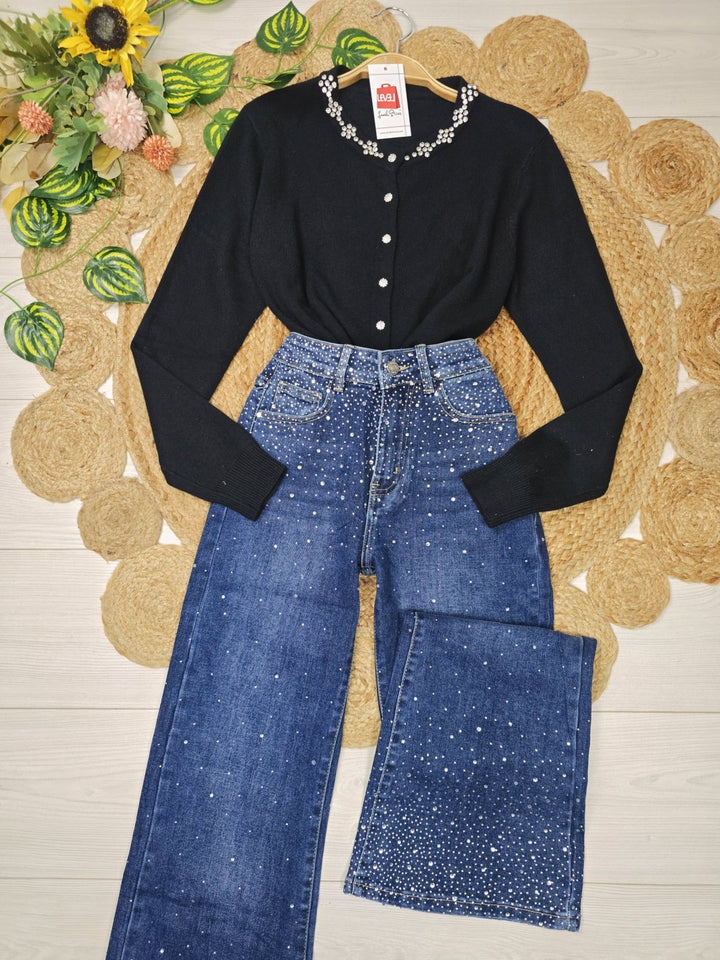 Jeans modello palazzo strass avanti e dietro Jeans scuro Level Stores
