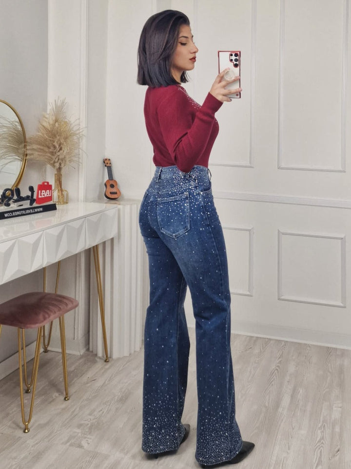 Jeans modello palazzo strass avanti e dietro Jeans scuro Level Stores