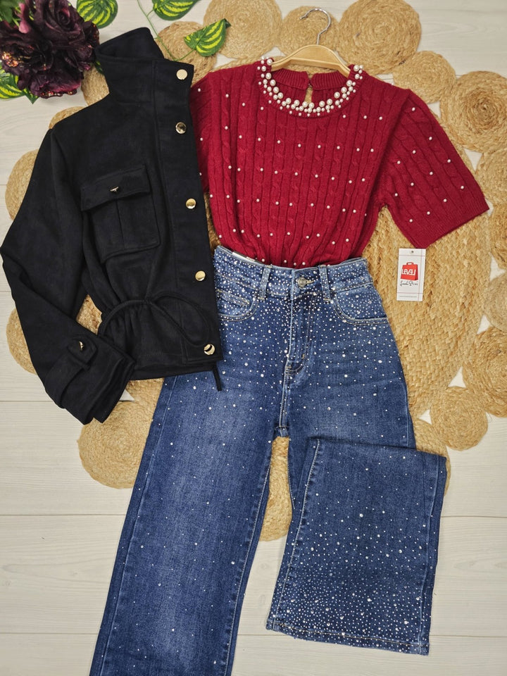 Jeans modello palazzo strass avanti e dietro Jeans scuro Level Stores