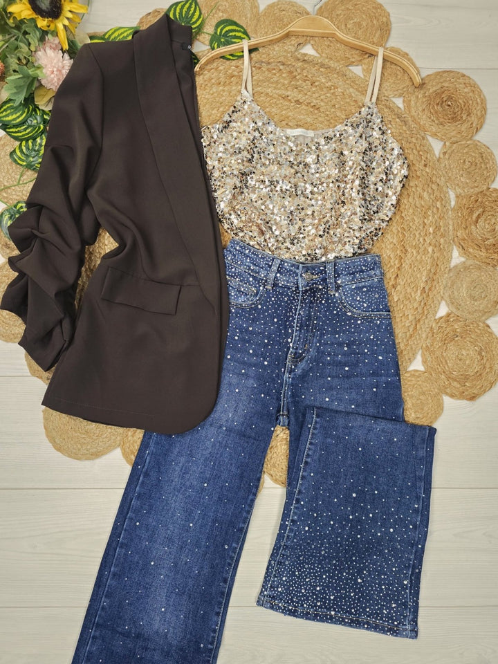 Jeans modello palazzo strass avanti e dietro Jeans scuro Level Stores