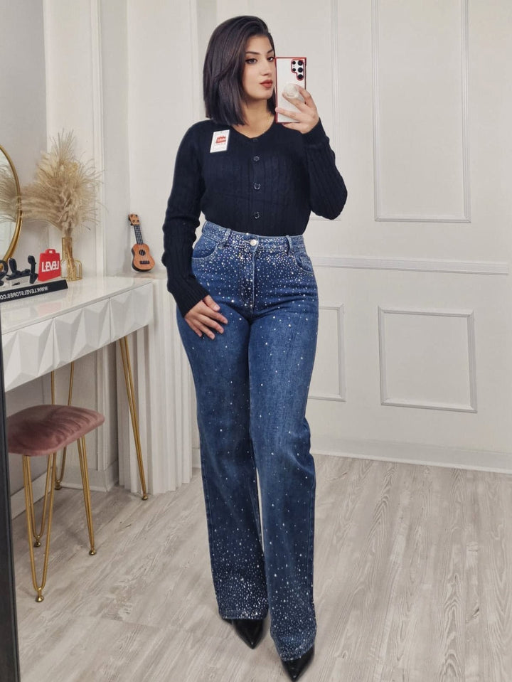Jeans modello palazzo strass avanti e dietro Jeans scuro Level Stores