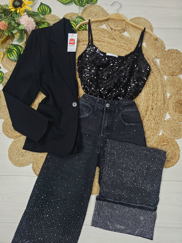 Jeans modello palazzo strass avanti e dietro Jeans nero Level Stores