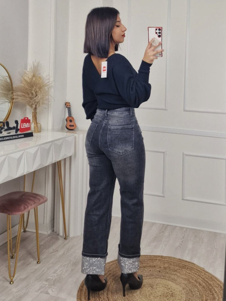 Jeans modello palazzo strass Nero Level Stores