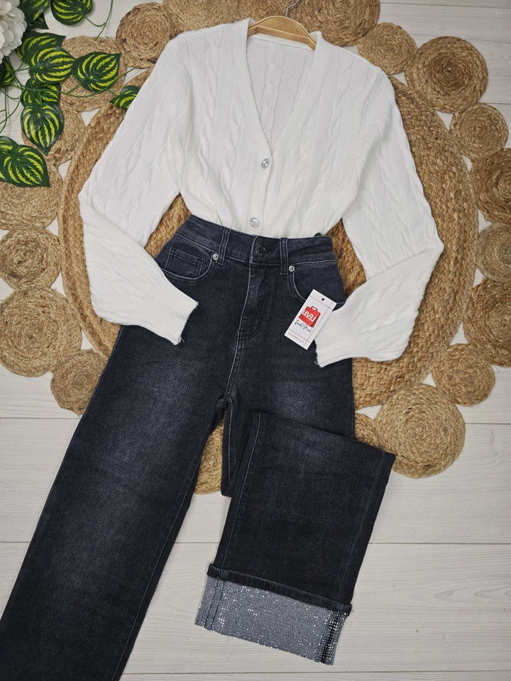 Jeans modello palazzo strass Nero Level Stores