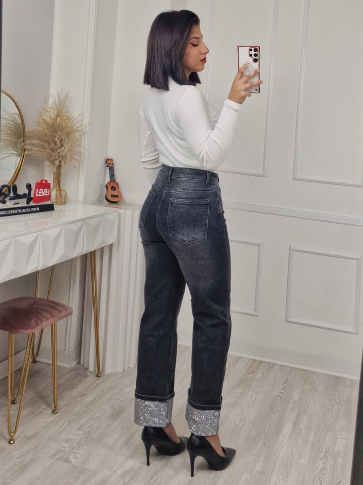 Jeans modello palazzo strass Nero Level Stores