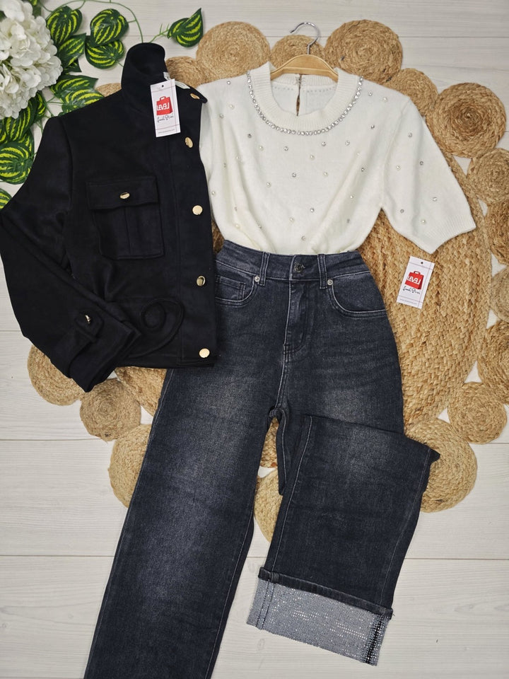 Jeans modello palazzo strass Nero Level Stores