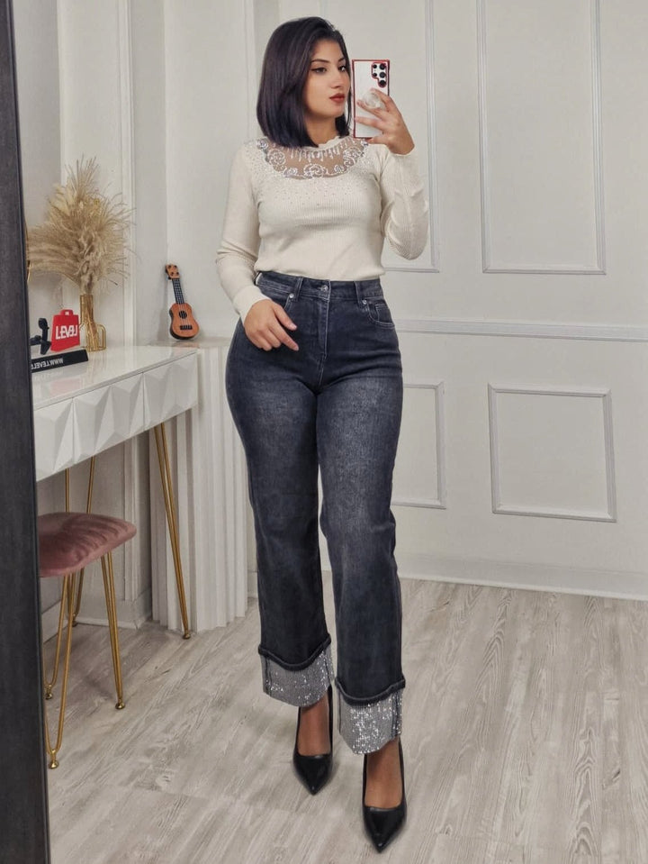 Jeans modello palazzo strass Nero Level Stores