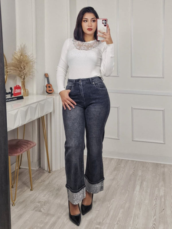 Jeans modello palazzo strass Nero Level Stores