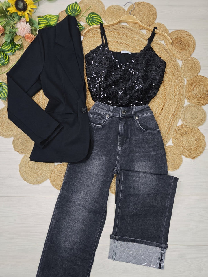Jeans modello palazzo strass Nero Level Stores