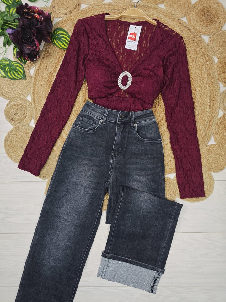 Jeans modello palazzo strass Nero Level Stores