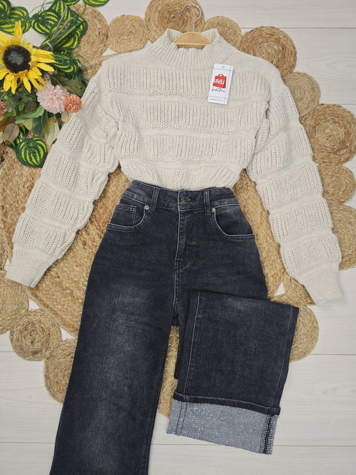 Jeans modello palazzo strass Nero Level Stores