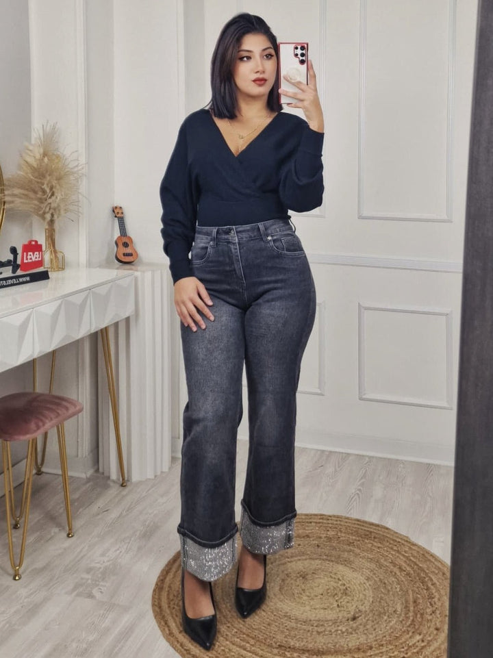 Jeans modello palazzo strass Nero Level Stores