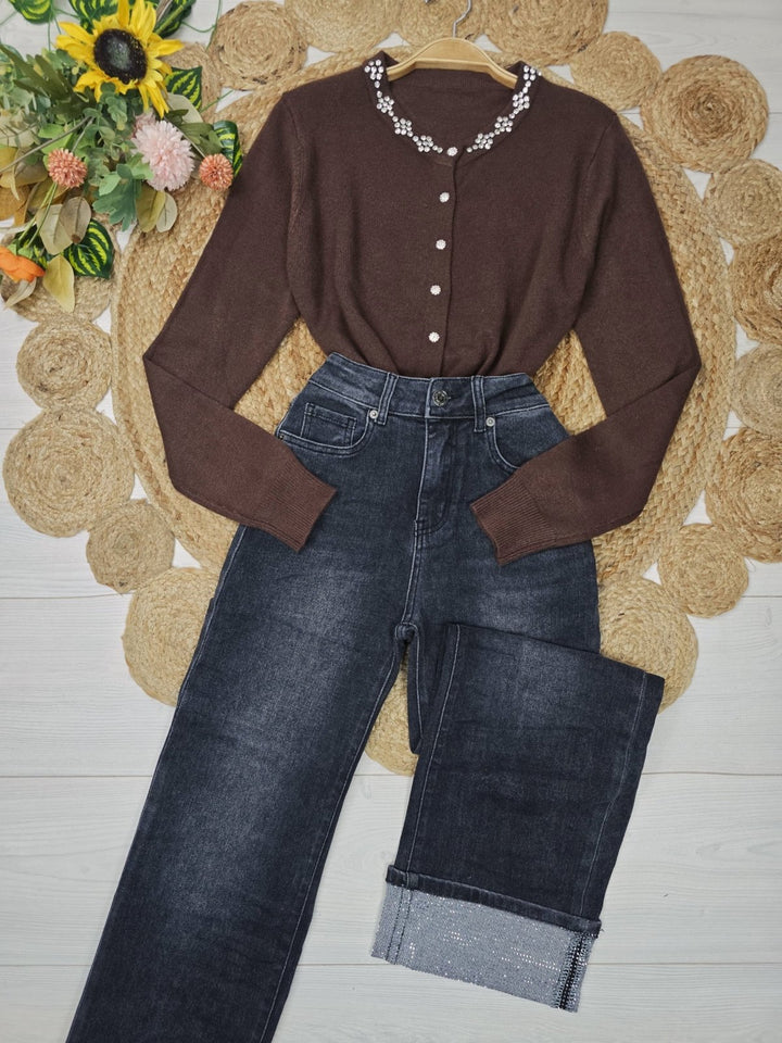 Jeans modello palazzo strass Nero Level Stores