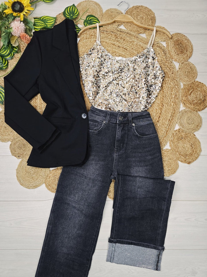Jeans modello palazzo strass Nero Level Stores