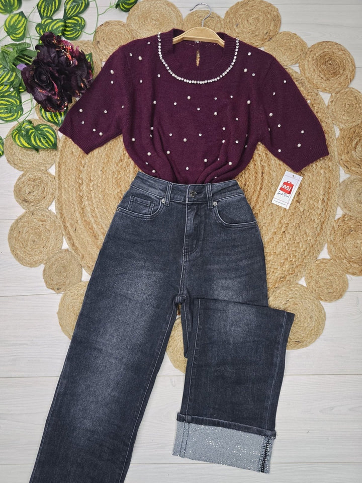 Jeans modello palazzo strass Nero Level Stores