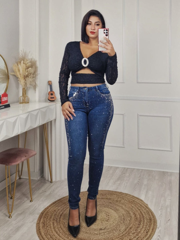 Jeans modello skinny impreziositi da Strass Jeans scuro Level Stores