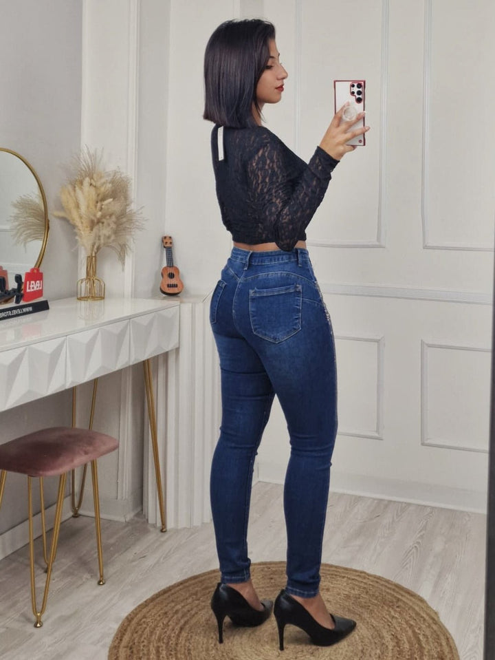 Jeans modello skinny impreziositi da Strass Jeans scuro Level Stores