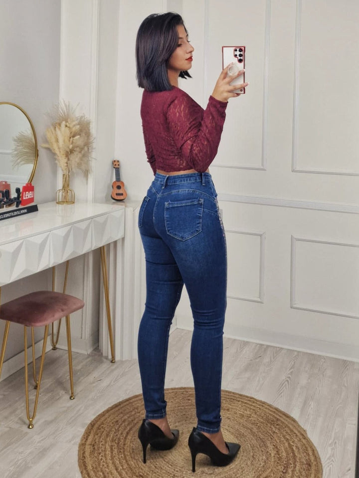 Jeans modello skinny impreziositi da Strass Jeans scuro Level Stores