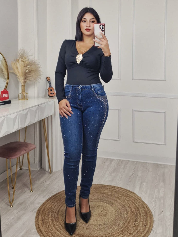 Jeans modello skinny impreziositi da Strass Jeans scuro Level Stores