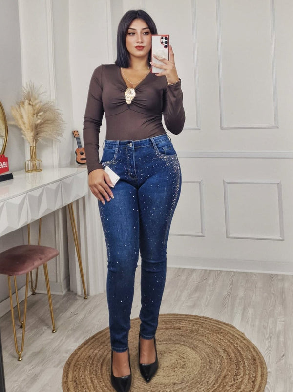 Jeans modello skinny impreziositi da Strass Jeans scuro Level Stores