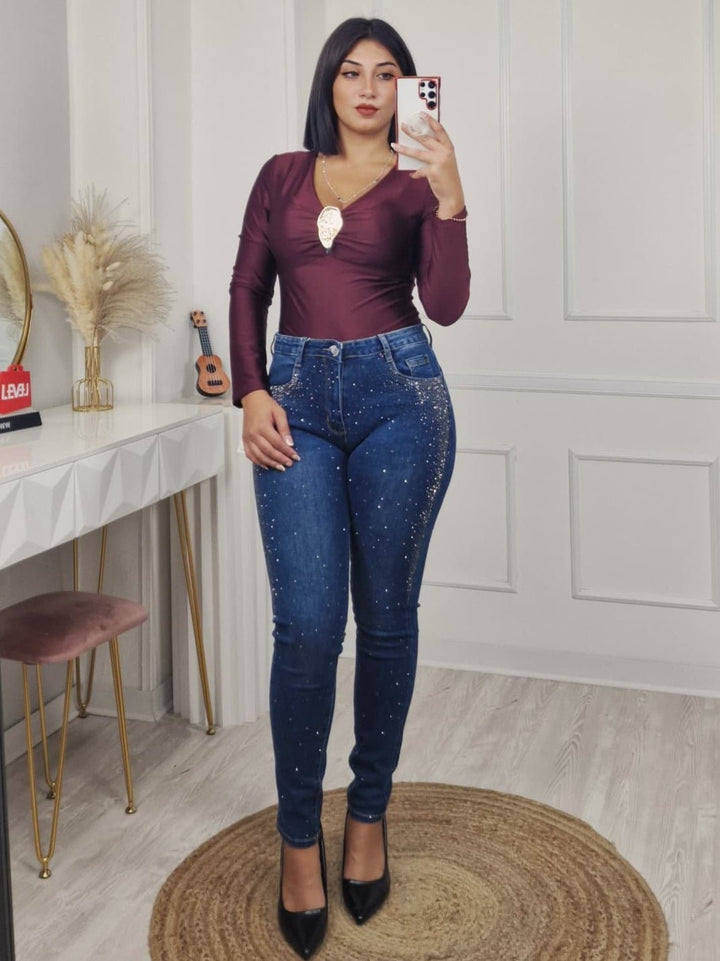 Jeans modello skinny impreziositi da Strass Jeans scuro Level Stores