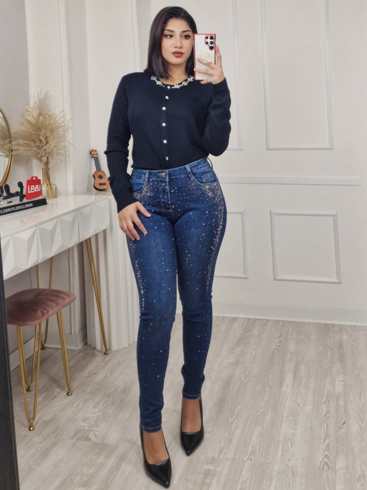 Jeans modello skinny impreziositi da Strass Jeans scuro Level Stores