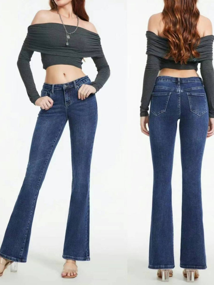 Jeans modello vita a zampa elasticizzato - Jeans scuro - Level Stores