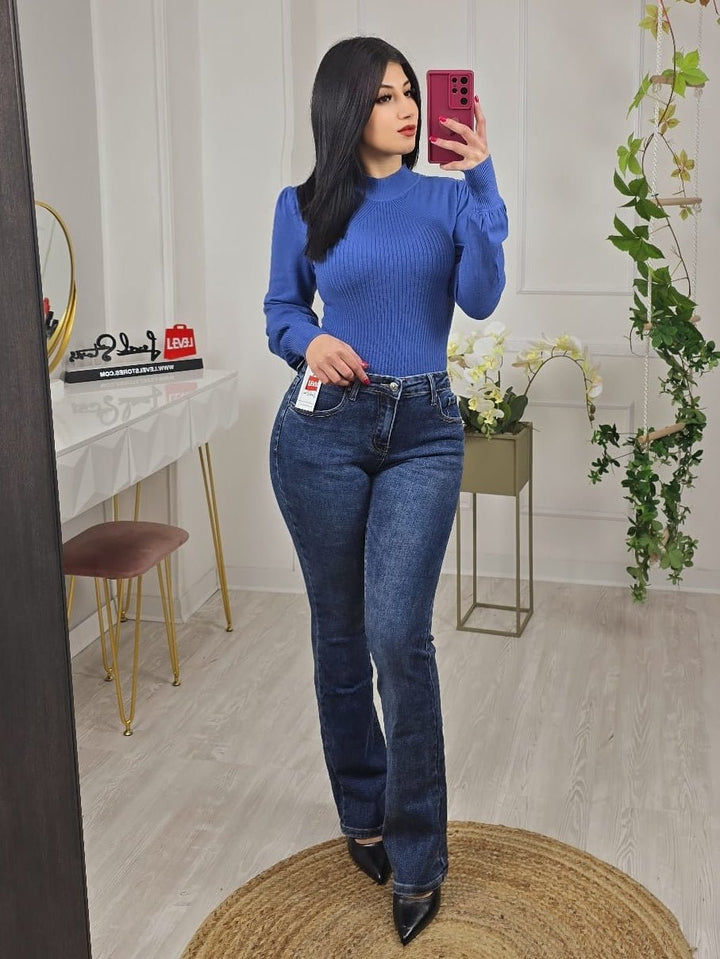 Jeans modello vita a zampa elasticizzato - Jeans scuro - Level Stores