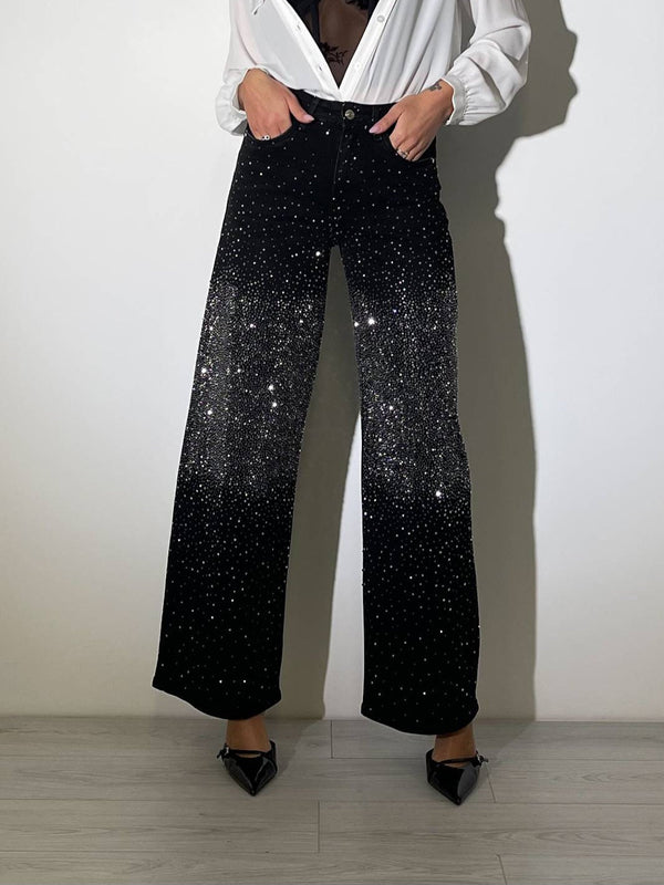 Jeans nero modello palazzo strass avanti e dietro - Nero - Level Stores