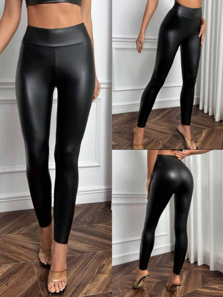 Leggings in ecopelle felpato con elastico in vita - Nero - Level Stores