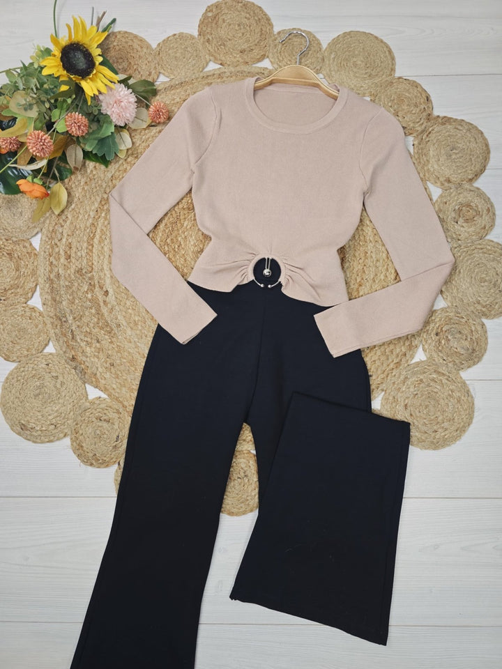 Maglia a costine aderente elasticizzato manica lunga Beige Level Stores