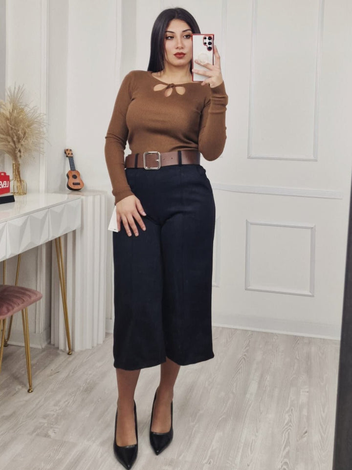 Maglia a costine aderente elasticizzato morbido e caldo Nero Level Stores