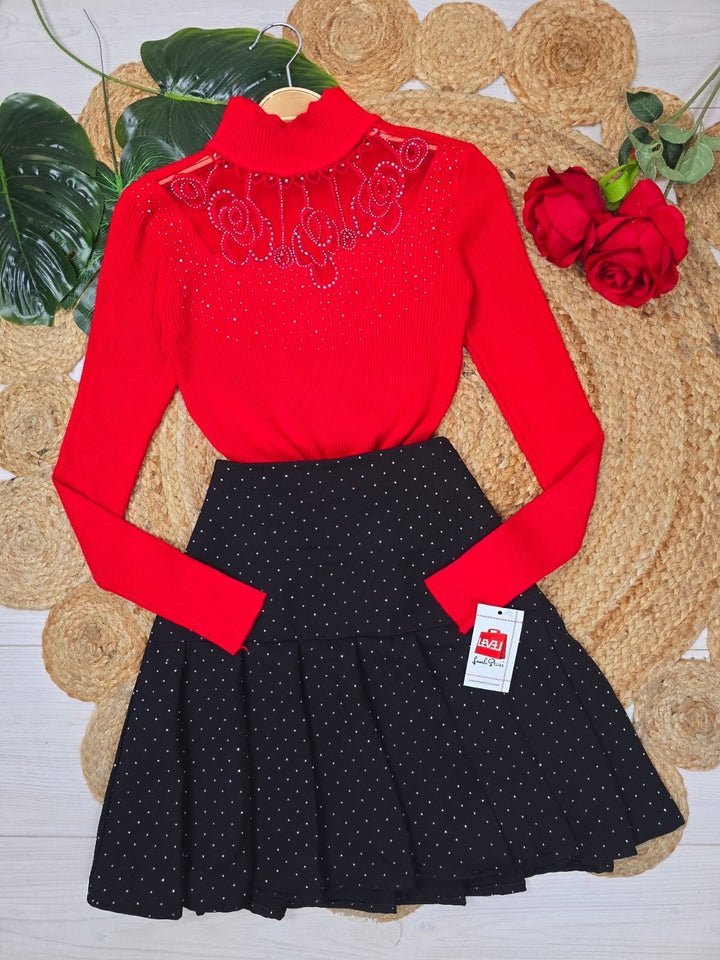 Maglia a costine aderente strass - Rosso - Level Stores