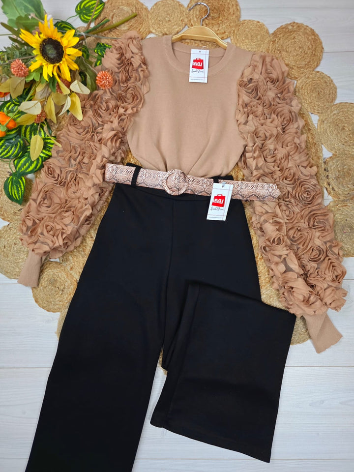 Maglia a costine Casual Manica lunga a sbuffo con fiore - Camel - Level Stores