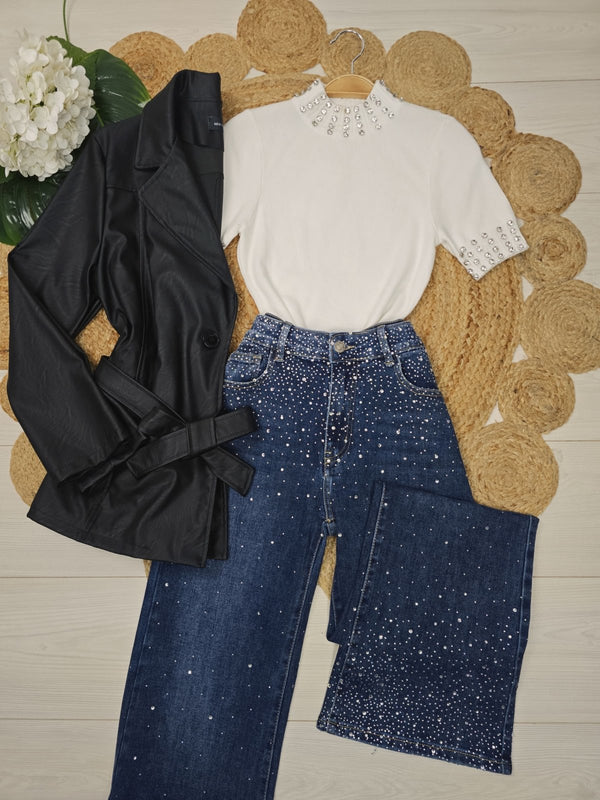 Maglia a costine collo alto strass aderente elasticizzato manica corta Bianco Level Stores