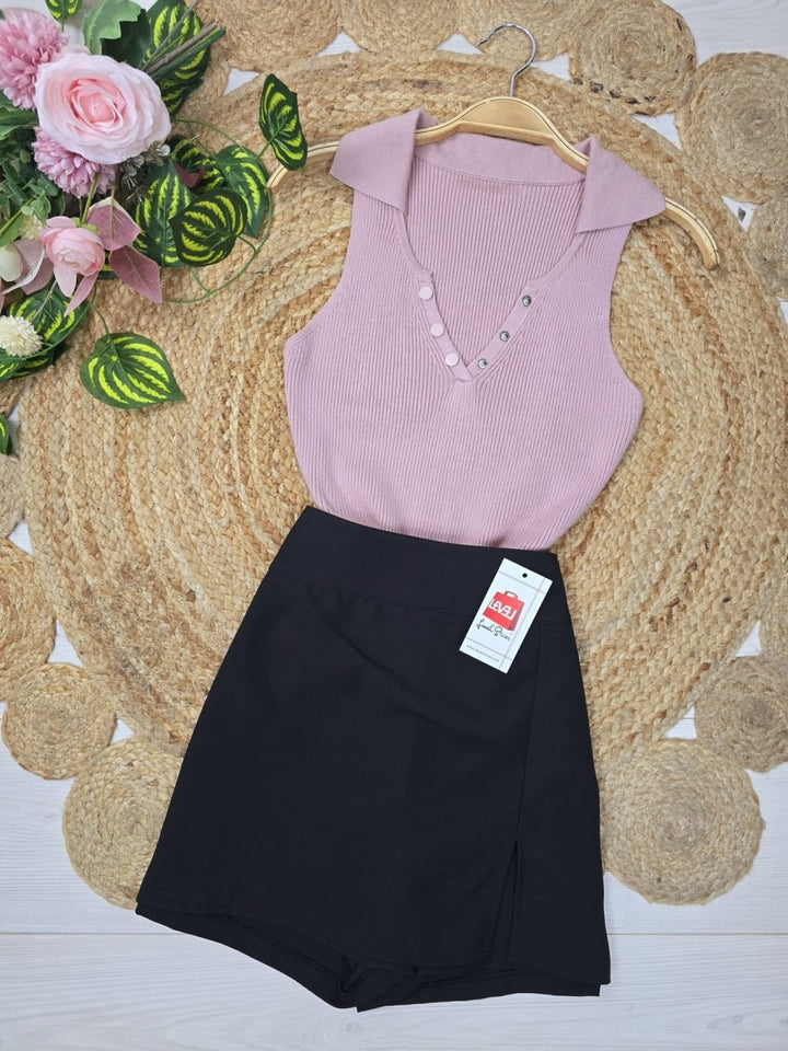 Maglia a costine con bottoni Aderente - Rosa - Level Stores