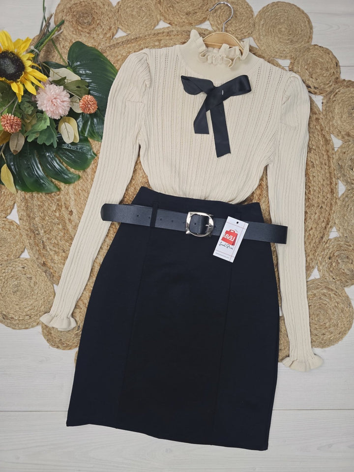 Maglia a costine con fioco aderente elasticizzato manica lunga morbido e caldo Beige Level Stores