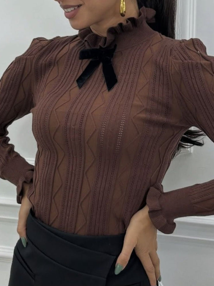 Maglia a costine con fioco aderente elasticizzato manica lunga morbido e caldo Beige Level Stores