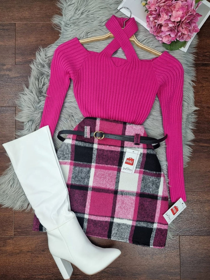 Maglia a costine con scollo a V ad incrocio - Fucsia - Level Stores