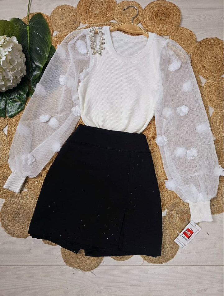 Maglia a costine e manica lunga a sbuffo in tulle Strass - Bianco - Level Stores