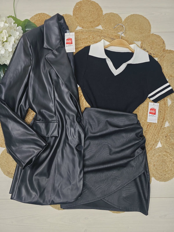 Maglia a costine modello corto aderente elasticizzato manica corta Nero Level Stores