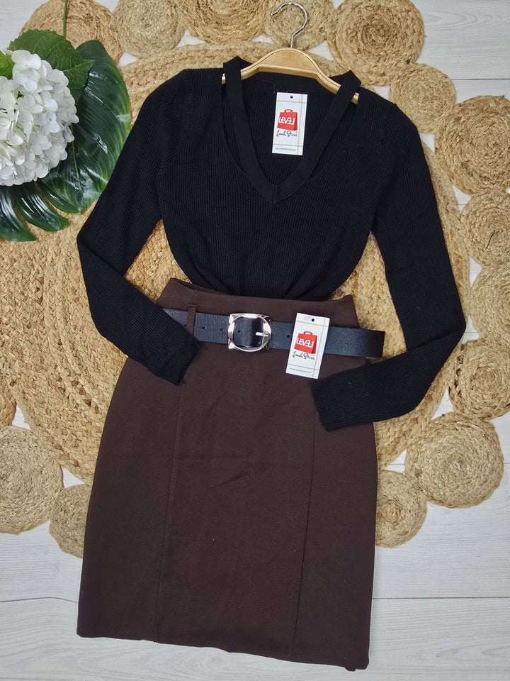 Maglia a costine scollo a v aderente morbido e caldo Camel Level Stores