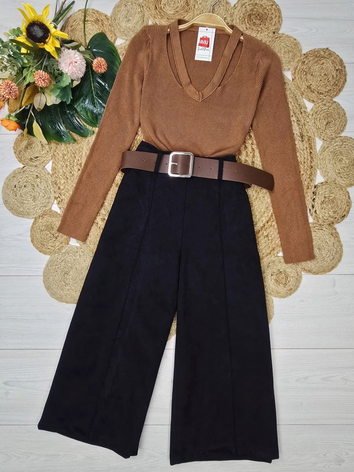 Maglia a costine scollo a v aderente morbido e caldo Camel Level Stores