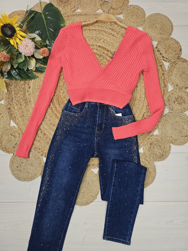 Maglia a costine scollo a v modello corto aderente elasticizzato manica lunga Rosa Level Stores