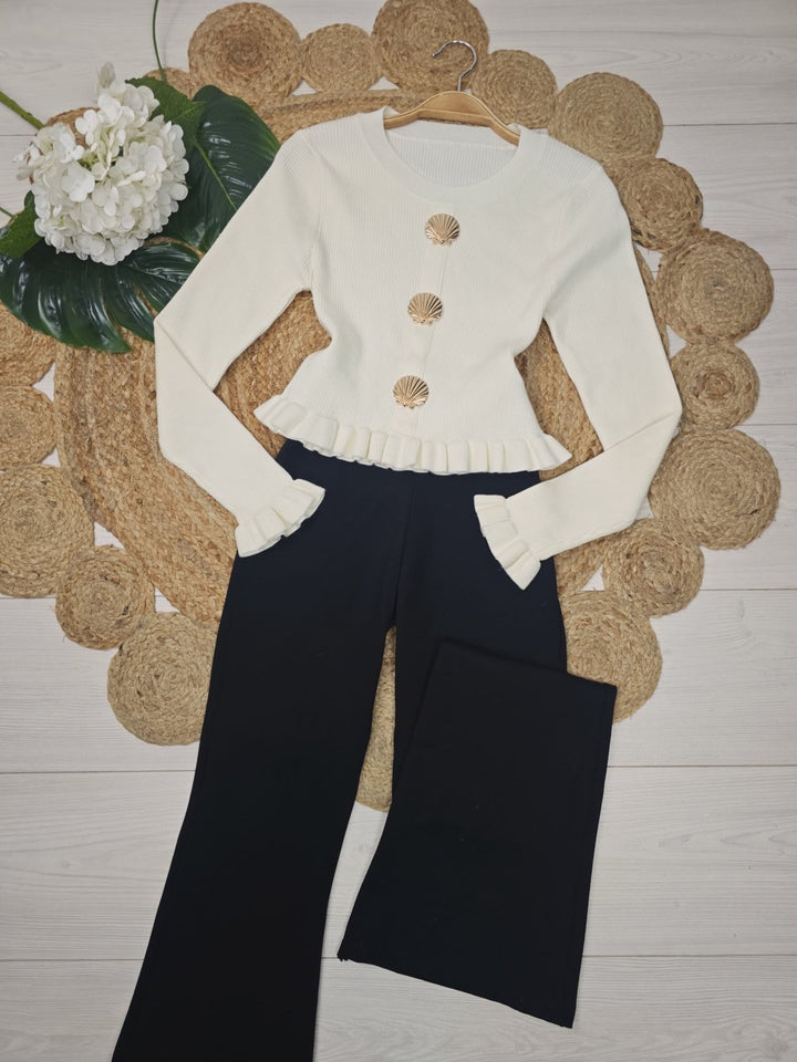 Maglia a costine scollo aderente elasticizzato manica lunga con volant con bottoni morbido e caldo Bianco Level Stores