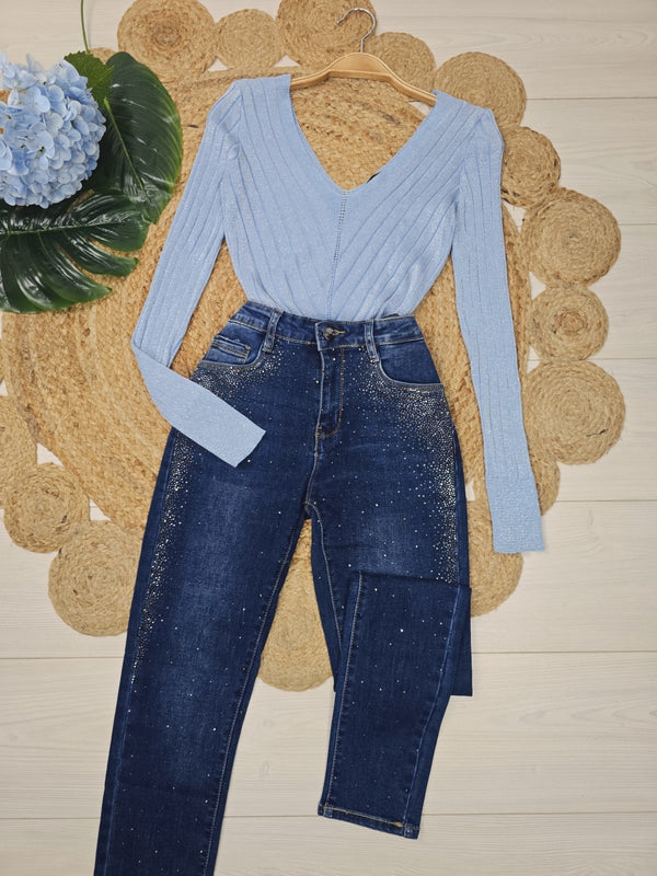 Maglia a costine scollo av aderente elasticizzato manica lunga Celeste Level Stores