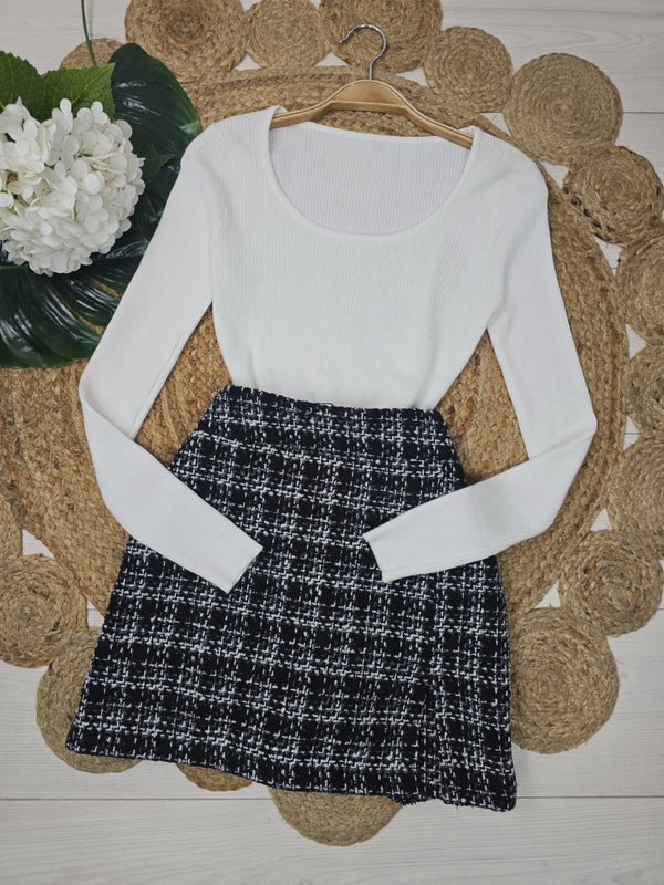 Maglia a costine tinta unita aderente elasticizzato manica lunga morbido e caldo Bianco Level Stores